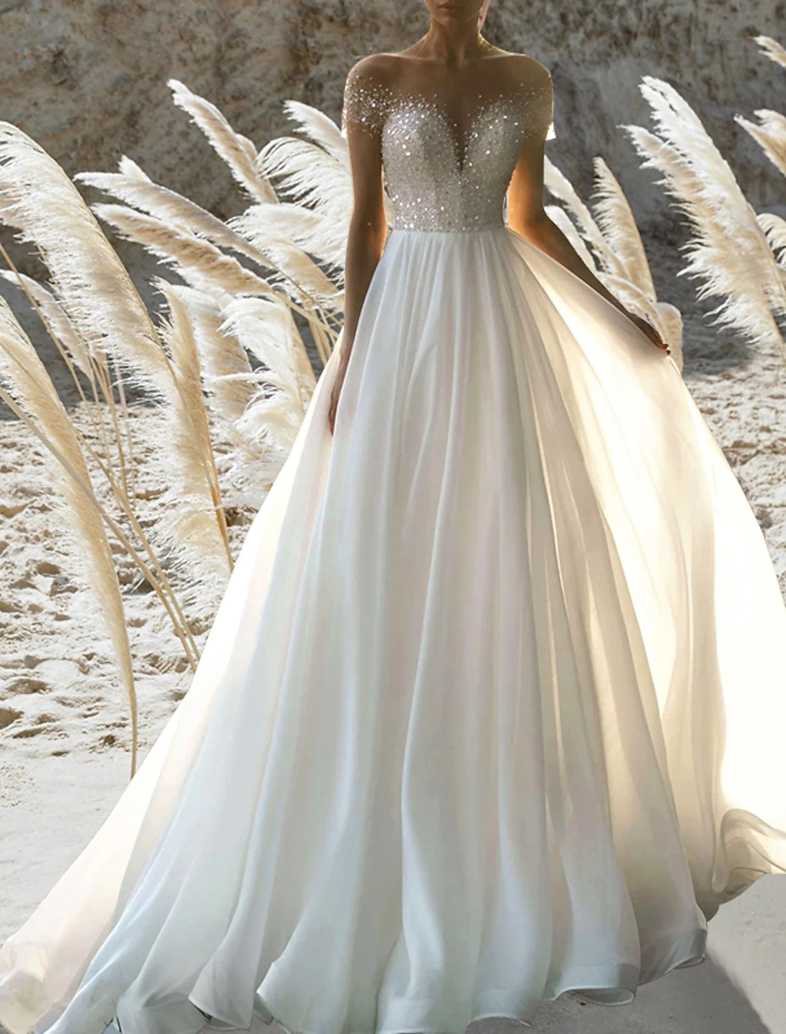 Buyishang Beach Formal Wedding Dresses A-Line Off Shoulder Short Sleeve Court Train Chiffon Bridal Gowns With Pleats Beading